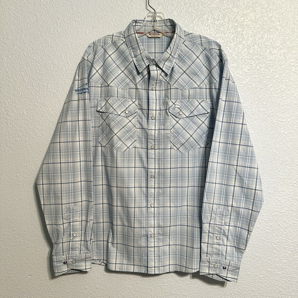 Simms Pearl Snap Shirt Mens Size Large Blue Plaid Fishing Long Sleeve Outdoor